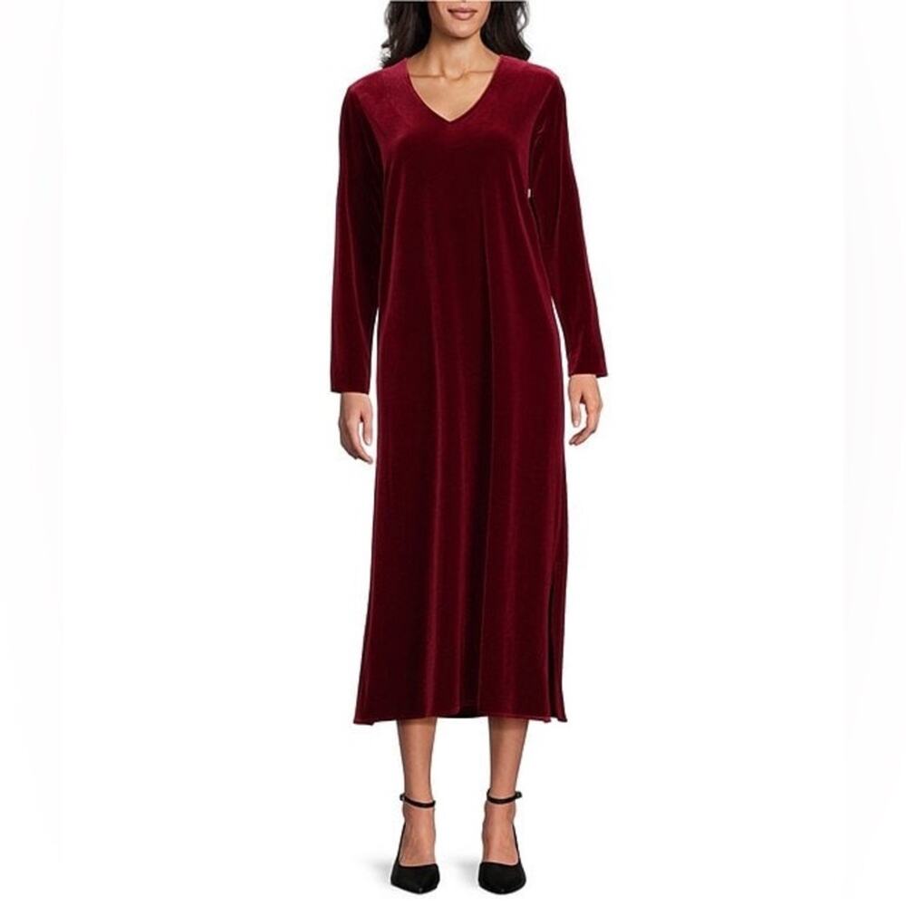 Caroline Rose Stretch Velvet V-Neck Long Sleeve Caftan Burgundy Red Maxi Dress S